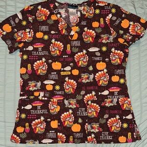 Cherokee Women's Festive Turkey Print Scrub Top